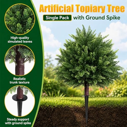 28'' artificial cedar topiary ball trees, 2 set, close-up detail