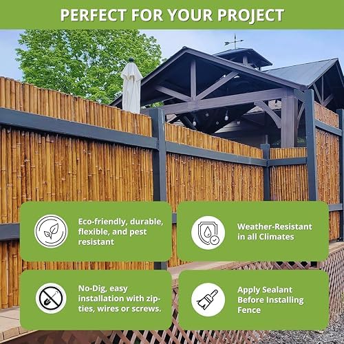 forever bamboo caramel brown bamboo fence roll outdoor, front angle view