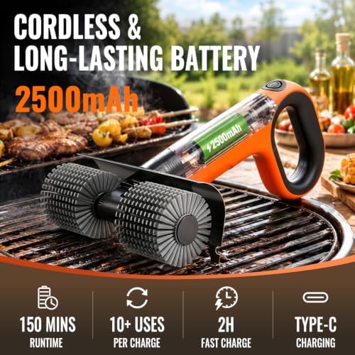 electric grill brush - dual rotating heads cordless showing dimensions