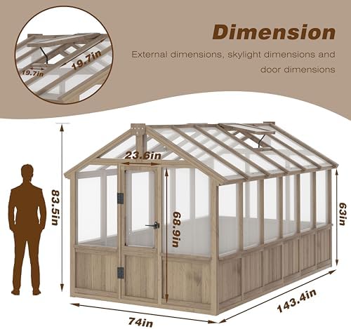 bluewish 6x12ft greenhouse, wood greenhouses with 6mm thick, front angle view