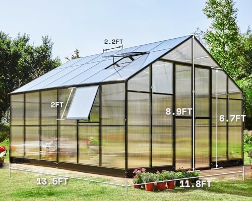 amerlife 12x13.5x9 ft polycarbonate greenhouse with quick-connect assembly shown in use