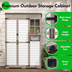 large outdoor storage cabinet with dual-zone shelves, garden, close-up detail