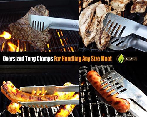 17" Long Handle Stainless Steel Grill Tongs with Locking Bracket - BBQ Grill Accessories