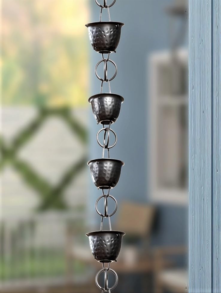 monarch rain chains aluminum hammered cup black rain, close-up detail