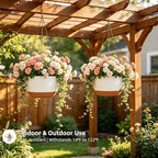 12" self watering hanging planters with chains, white, front angle view