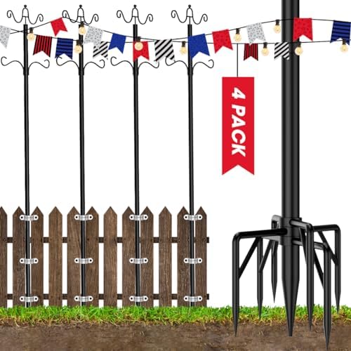 Arrinew String Light Poles 9 FT Metal Poles with Hook for Outside String Lights - Outdoor Patio Light Poles Lighting Stand for Deck, Backyard, Balcony, Hanging Basket, Lantern, Bird Feeder 4Pack