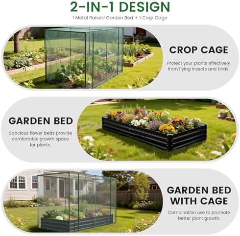 galvanized raised garden bed with crop cage plant, close-up detail