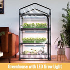indoor greenhouse with grow light, 3-tier plant shelf shown in use