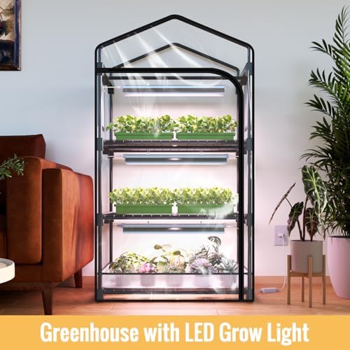 indoor greenhouse with grow light, 3-tier plant shelf shown in use