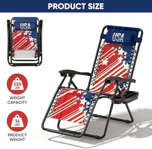 Athena Collection Zero Gravity Chair, Outdoor Lounge Chair- Us Flag | with Adjustable Pillow and Cup Holder, Reclining Camping Chair for Outside Beach Lawn Garden Patio Poolside