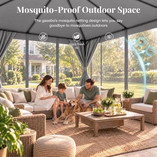 lausaint home 12x12 gazebo canopy with netting, curtains, close-up detail