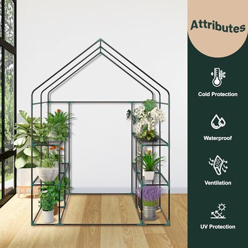 lemy walk-in greenhouse for outdoors,2-tier 8 shelves heavy-duty showing dimensions