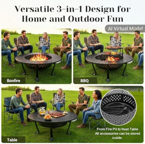 43" fire pit, firepit with adjustable 2 grills on a desk or shelf
