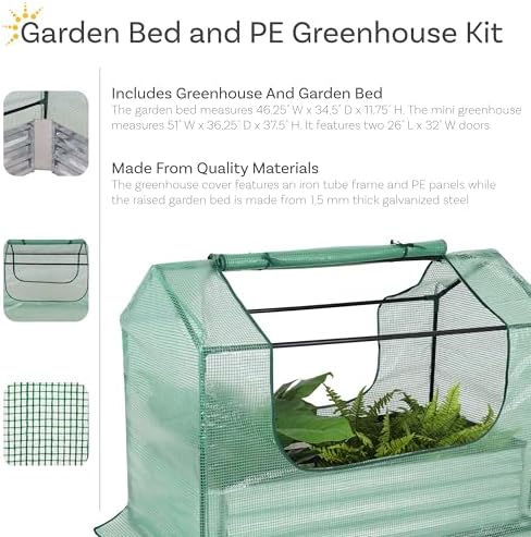sunnydaze steel raised garden bed with mini greenhouse shown in use