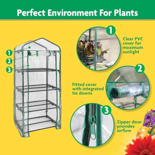 miracle-gro 4-tier greenhouse, removable shelves, clear, 23"x17"x57" on a desk or shelf
