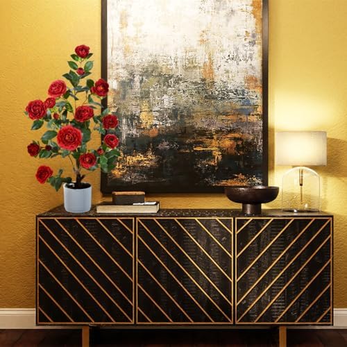warmplants artificial camellia tree 3ft fake flower plant showing dimensions