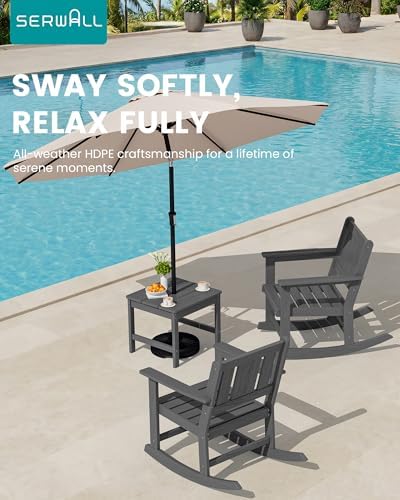 SERWALL 3-Piece Patio Furniture Set with 2 Rocking Chairs & Table, Grey | All-Weather HDPE Bistro Set: Includes rocking chairs and table with umbrella hole for cozy outdoor leisure and relaxation.
