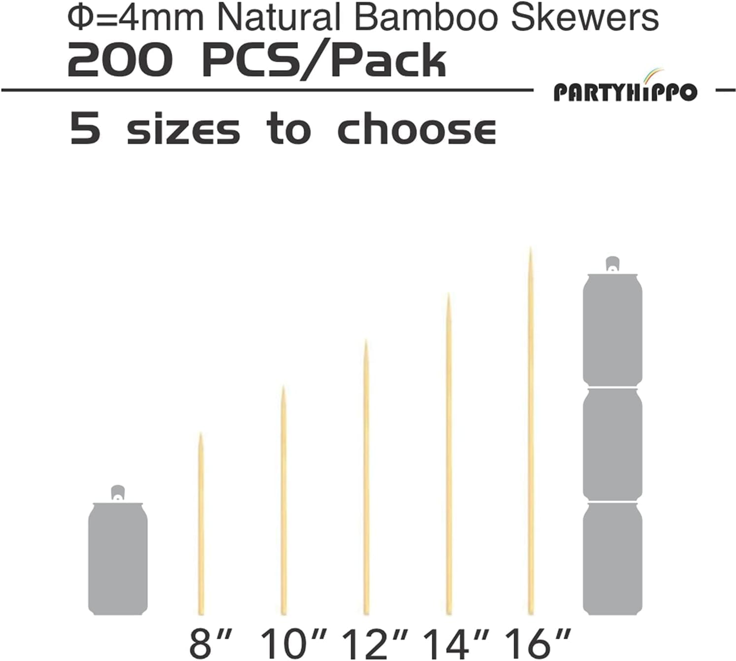Party Hippo 16 Inch Natural Bamboo Skewers, 4mm Thick, 100 Pack – BBQ Kabob Sticks for Grilling, Fruit, Chocolate Fountain, Crafts & Parties – More Size Choices /8"/10"/12"/14"/16" (16" / 100 ct)