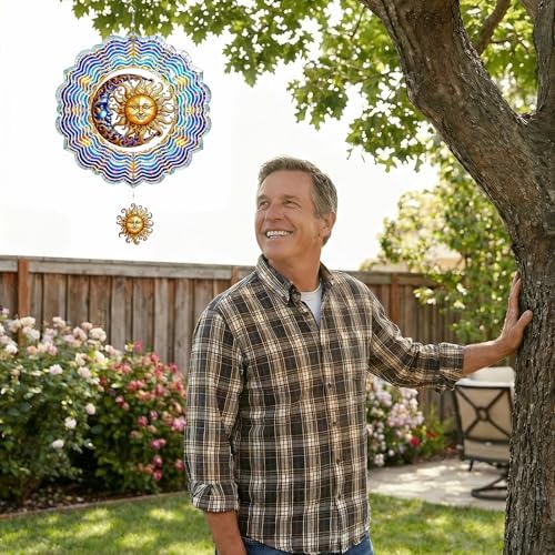 Sun and Moon Wind Spinners Outdoor Hanging - 12 inch Sun Outdoor Metal Decor Birthday Gifts for Women Mom Grandma,3D Wind Sculptures Art for Yard and Garden Patio Lawn Balcony Porch Decorations