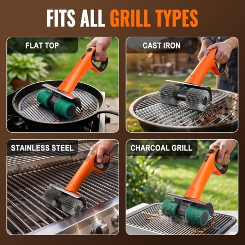 electric grill brush - dual rotating heads cordless, front angle view