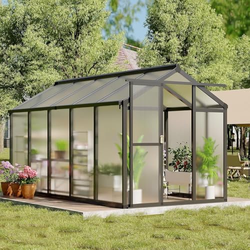 6x8 ft polycarbonate walk-in greenhouse with roof vent, front angle view