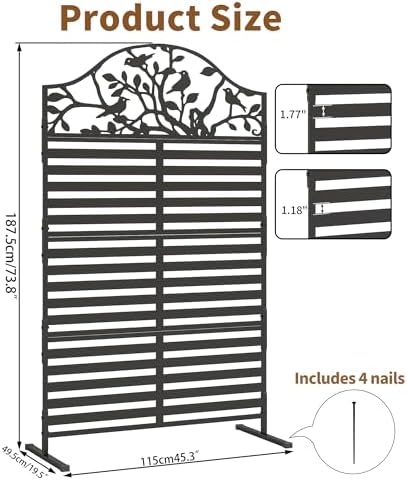 metal outdoor privacy screen freestanding decorative fence, black, close-up detail