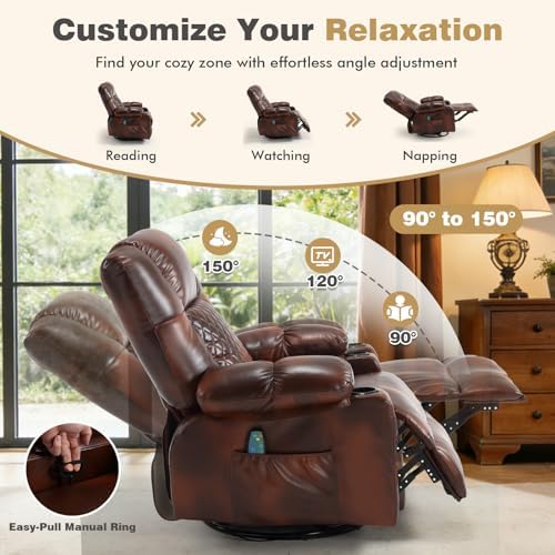 Oversized Swivel Rocking Recliner with Heat Massage Nursery Rocker | Overstuffed, Cup Holders, Nursery Glider, Rocking Reclining Lounge Chair, Swivel Heated Massaging Recliner, Faux Leather