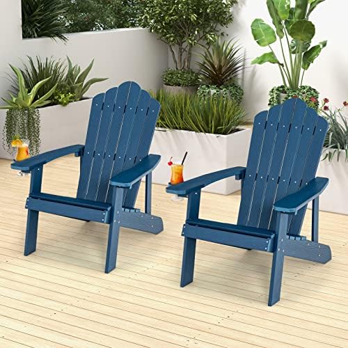 Giantex Outdoor Adirondack Chair - Oversized Patio Chairs w/Hidden Cup Holder, Realistic Wood Grain, 380 LBS Weight Capacity, Weather Resistant Firepit Chairs for Backyard, Garden (2, Navy)