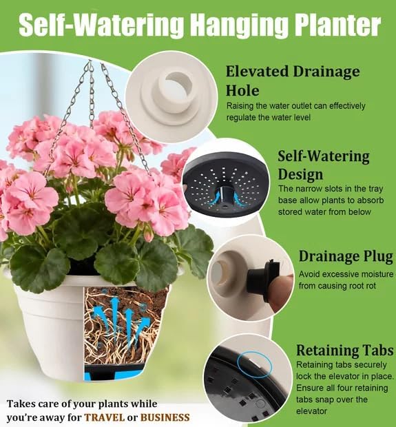 Hanging Planters 11 Inch, 3 Pcs Flower Pots with Drainage Hole, Self Watering Hanging Basket for Indoor Outdoor Plants, Decor, White