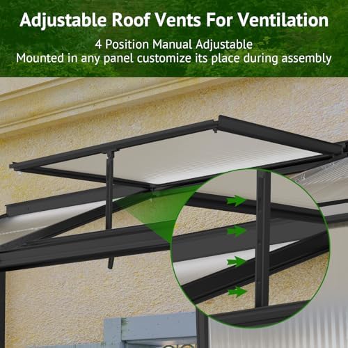 lean-to polycarbonate greenhouse 6x2 ft, black, outdoor garden showing dimensions
