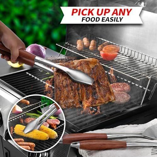 grilaz heavy-duty rose wooden bbq grilling tools set. showing dimensions
