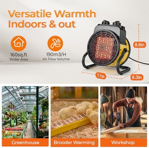 air choice greenhouse heater with digital thermostat, 1500w showing dimensions
