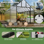 wacasa 24x10x10 ft polycarbonate greenhouse with aluminum frame showing dimensions