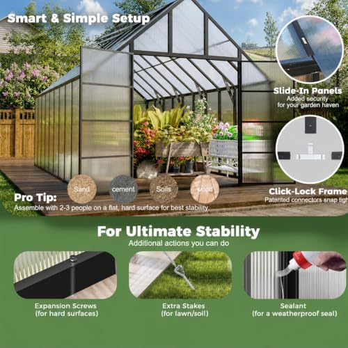 wacasa 24x10x10 ft polycarbonate greenhouse with aluminum frame showing dimensions