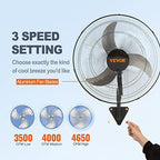 vevor 20 inch wall mount fan, oscillating, 3-speed, close-up detail