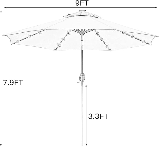 Sunnyglade 9' Solar LED Lighted Patio Umbrella with 8 Ribs/Tilt Adjustment and Crank Lift System (Navy Blue)
