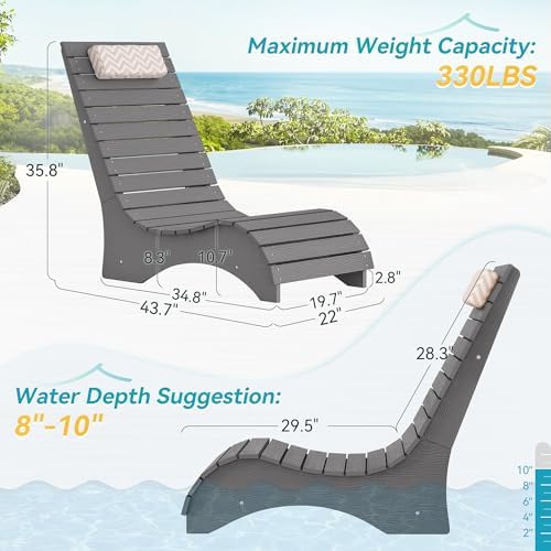 Pool Chairs Set of 2, Fade-Proof for Shallow Water with Headrest | Anti-Floating Pool lounge chairs fit 8–10in baja shelf, tanning chair, all-weather HDPS frame, non-slip build, up to 330 lbs