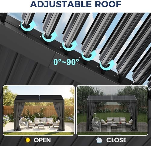 pergola 10'x12' with thick aluminum frame, adjustable roof showing dimensions