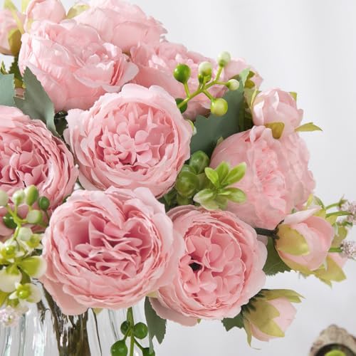 artificial peonies silk flowers in glass vase faux shown in use