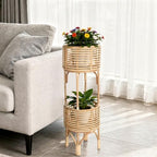 kouboo rattan indoor two-tier plant stand, natural planter shown in use