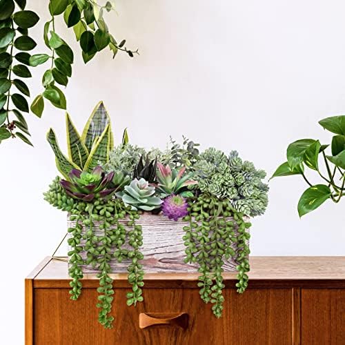 assorted artificial succulents fake plants in rectangular wooden, side view
