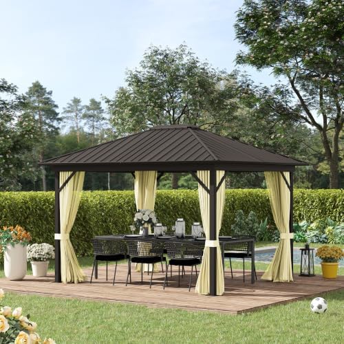 outsunny 10' x 12' hardtop gazebo with curtains shown in use
