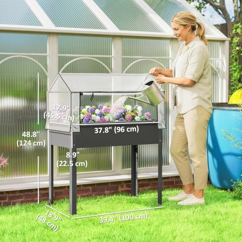 outsunny raised garden bed with flip-up cover, 39.4"x18.9"x48.8" on a desk or shelf