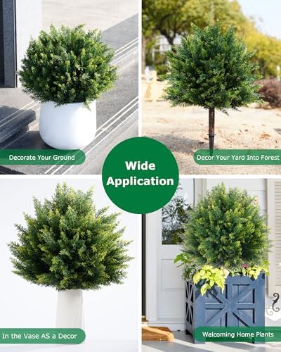 27.6'' artificial cedar topiary trees with spikes, set, close-up detail