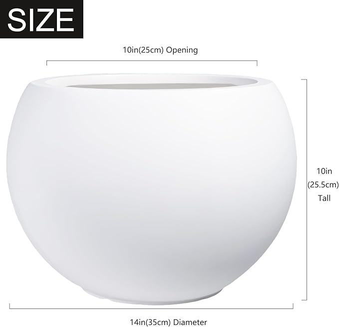 10 H x 14" Dia (10" Pot Opening) Round Fiberstone Planter with Drainage Hole, White, Indoor/Outdoor Large Plant Pot for Home Patio Garden, Ideal for Large Plants