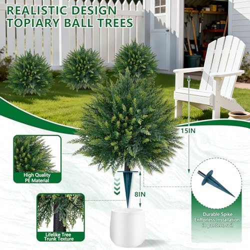 artificial 2 pack cedar topiary trees with ground shown in use