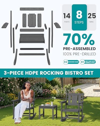 SERWALL 3-Piece Patio Furniture Set with 2 Rocking Chairs & Table, Grey | All-Weather HDPE Bistro Set: Includes rocking chairs and table with umbrella hole for cozy outdoor leisure and relaxation.