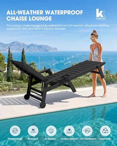 HDPE Lounge Chair Outdoor Set of 2, All Weather Pool Lounger | 5 Position Adjustable Backrest Patio Chaise Lounge with Cup Holder for Outside, Black