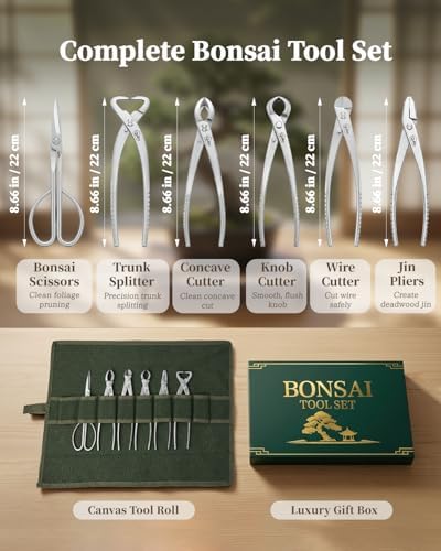 6-piece bonsai tools set with tool roll bag, close-up detail