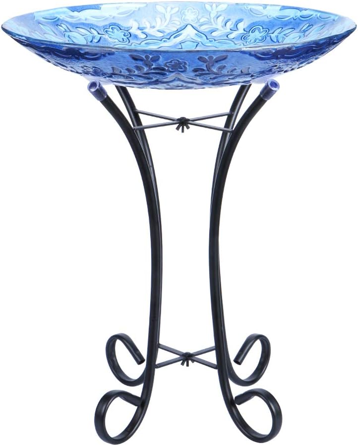 MUMTOP Outdoor Glass Bird Baths with Metal Stand for Lawn Yard Garden Decor | 18 Inch Diameter 21.65 Inch Height Outdoor Large Glass Bird Bath Bowl with Freestanding for Backyard Garden Decoration